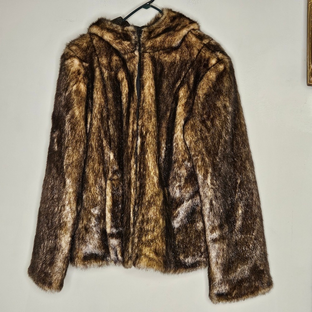 Vtg Faux Fur Coat‎ Jacket Hooded Brown Med Glam Holiday Gala Party Luxury
